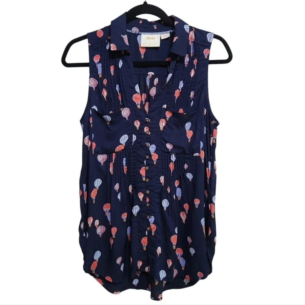 MAEVE BY ANTHROPOLOGIE SLEEVELESS NOVELTY PRINT  HOT AIR BALLOON BLOUSE SIZE XS